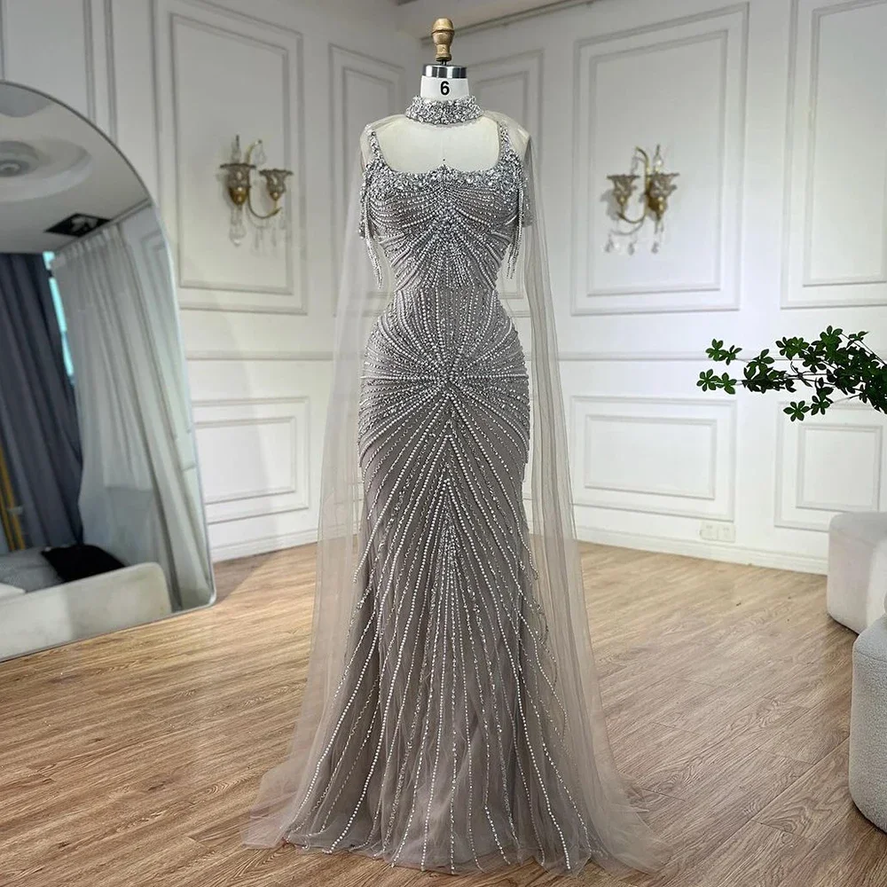 Serene Hill Spaghetti Strap Long Cloak Mermaid Silver Nude Beaded  Luxury Evening Dresses Gowns Customize Party 2025 BLA72587