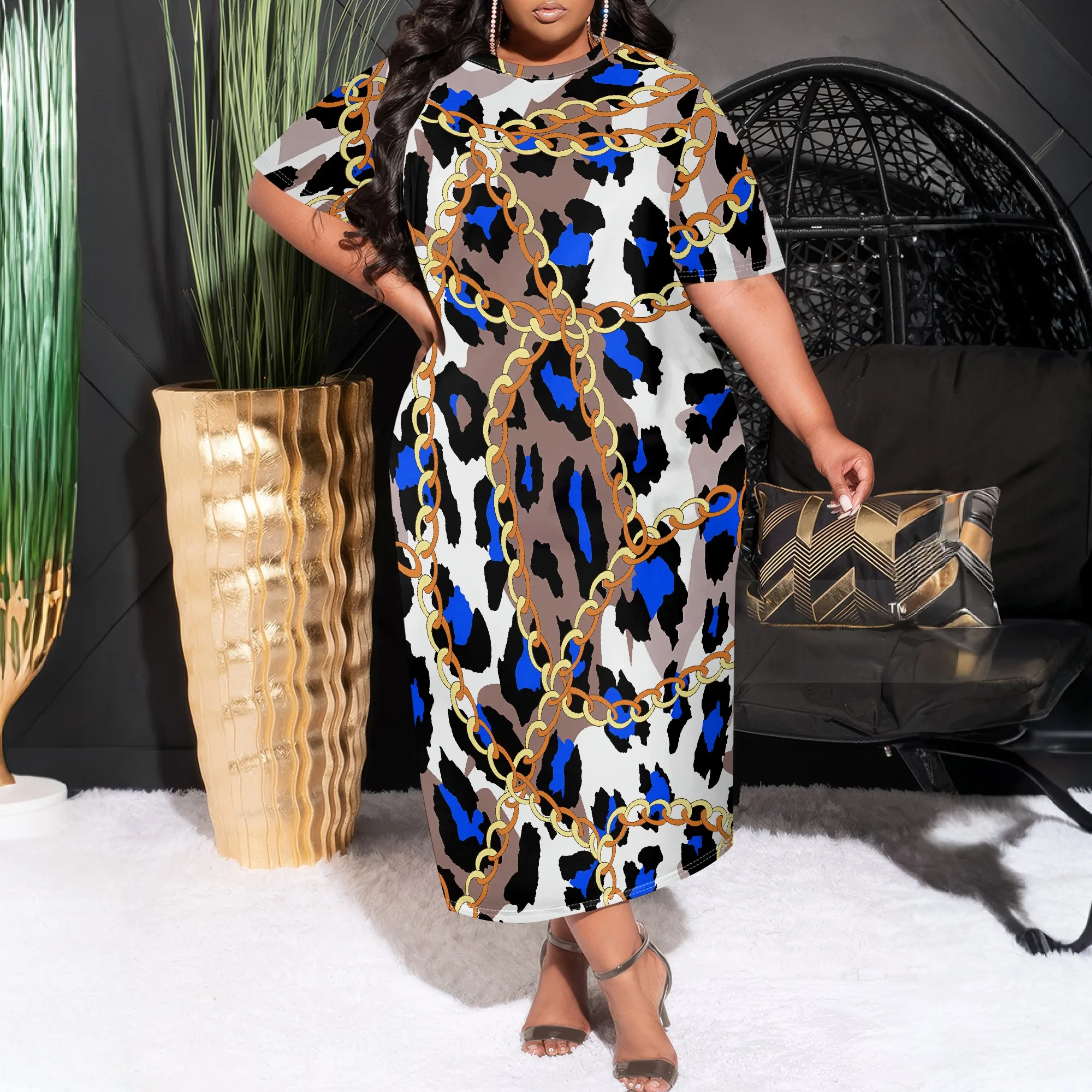

Plus Size Pullover Sexy Short Sleeve Neck Loose Long Dress for Women Leopard Print Summer Casual Maxi Dresses with pockets