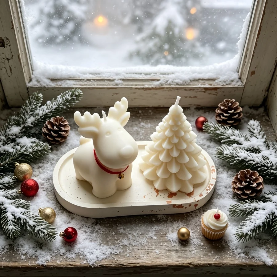 Ton-Silikonform 3-teiliges Set: Weihnachtshirsch, Weihnachtsbaum-Kerze und ovales Tablett, geeignet für die Herstellung von Epoxid-Gips-Kerzen. – Detail 5