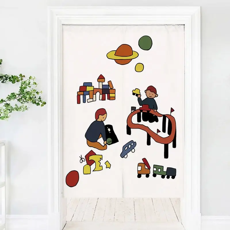 VIKAMA Minimalist Line Family Figure Noren Half Door Curtain Light Partition Hanging Curtain Bedroom Nursery Entryway Home Decor