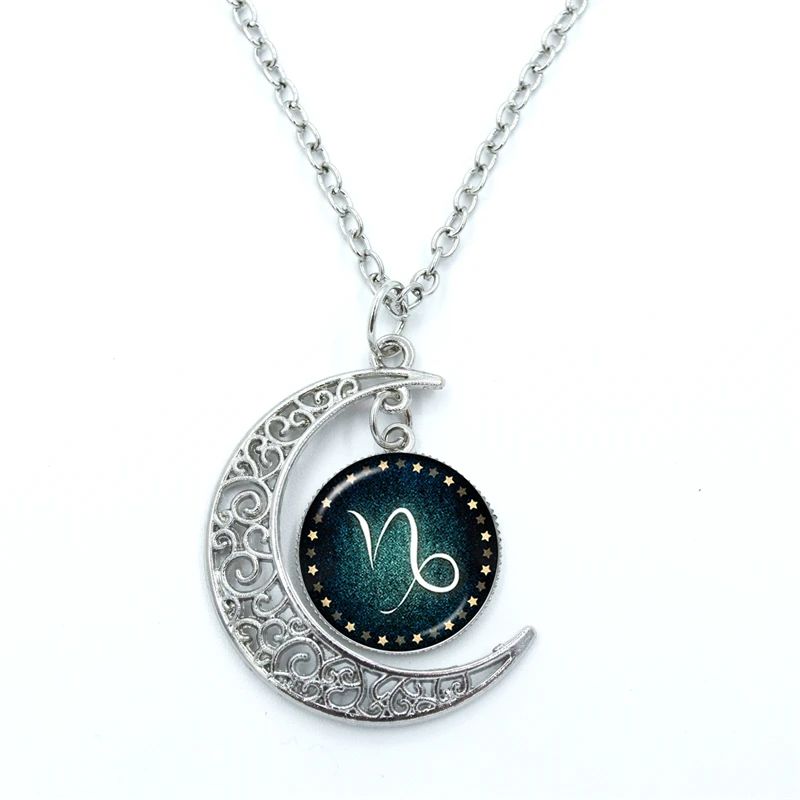 Handmade Fashion Jewelry 12 Zodiac Signs Moon Pendants Glass Pisces Aquarius Zodiac Signs Jewelry Pendant Necklace