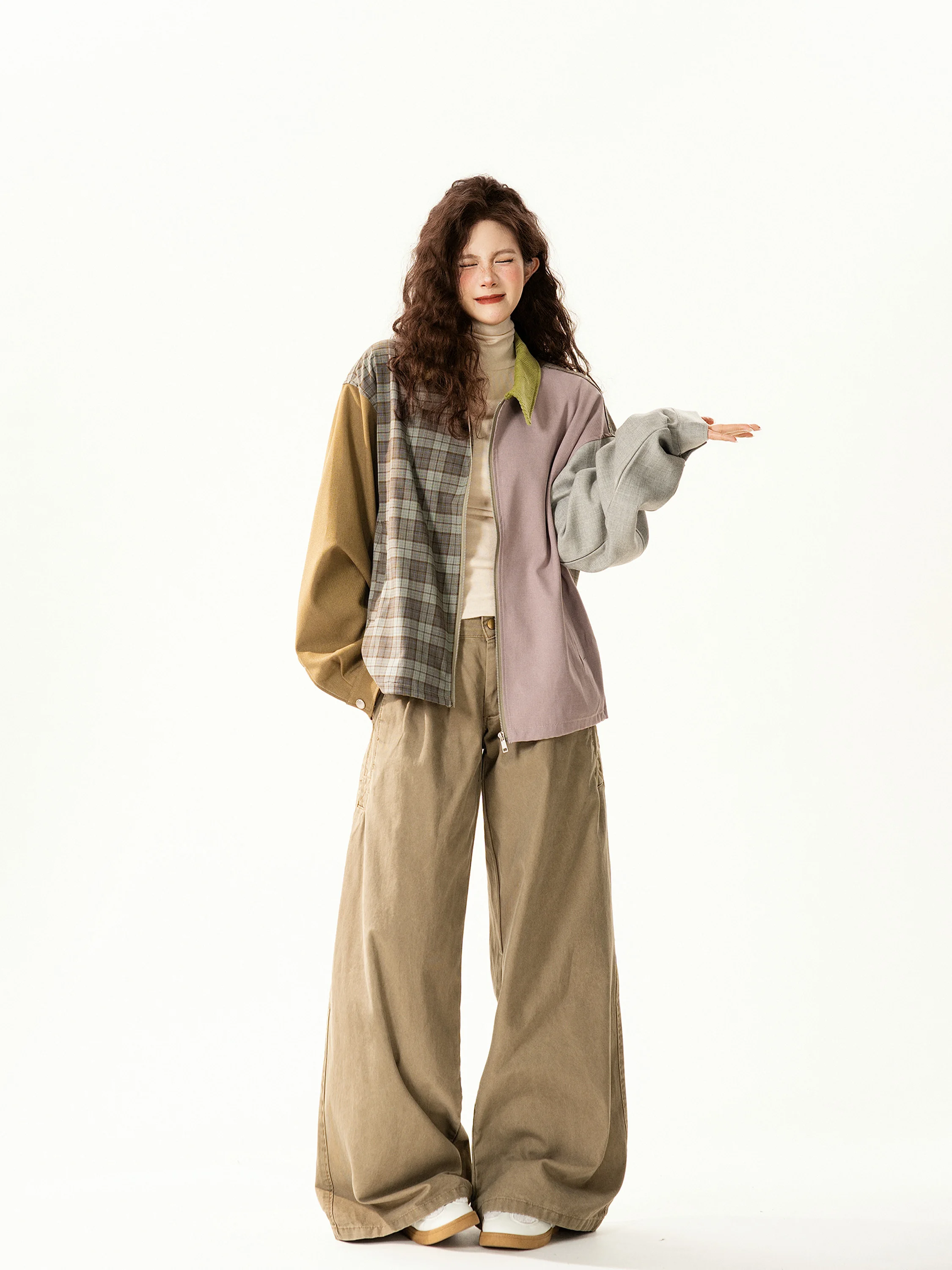 

Ретро-куртка в американском стиле с цветным клетчатым воротником, женская, свободного кроя, универсальная, уличная, с длинными рукавами, на молнии