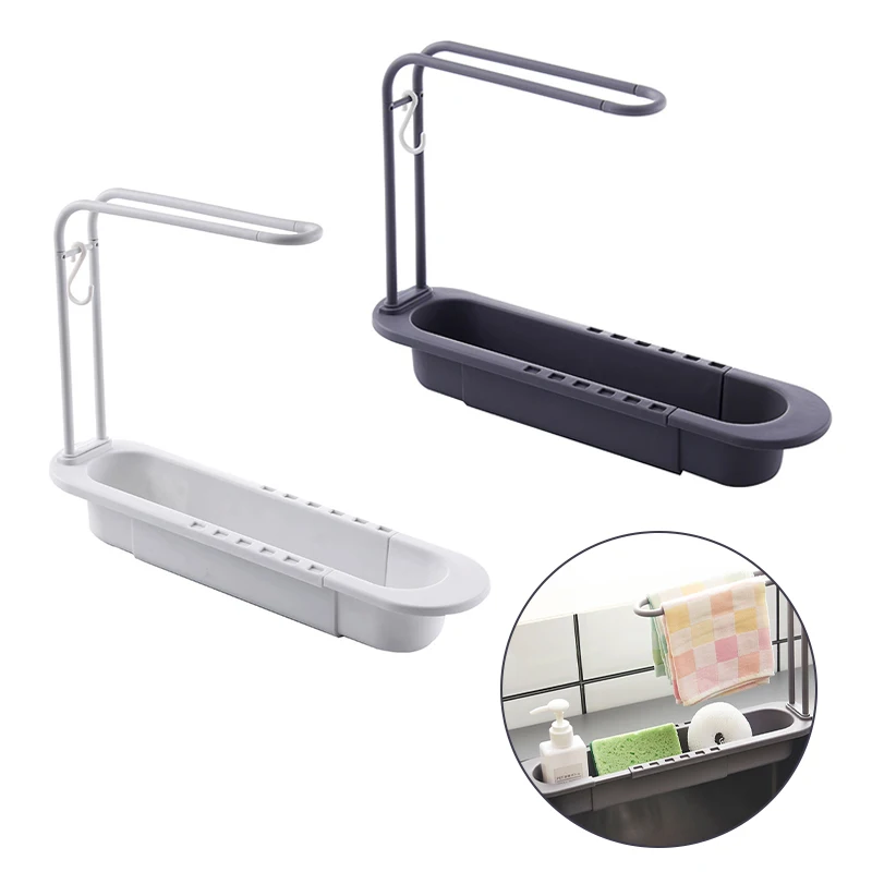 Telescopic Sink Drain Rack Soap Sponge Holder Self Adhesive Kitchen Paper Holder