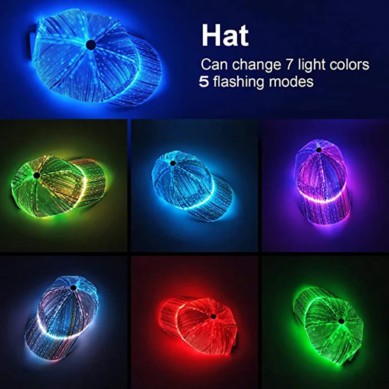 LED Optical Fiber Cap for Adult, Nightclub Rave Party, Concert Dance Party Decoration, Luminous Hip Hot Hat, 7 Colors, Fashion