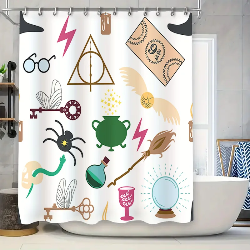 Harry Potter Shower Curtain Magic Wand, Eye Ball, Cauldron Wand Waterproof Fabric Bathroom Decor Set for Kids Bedroom White 72 x