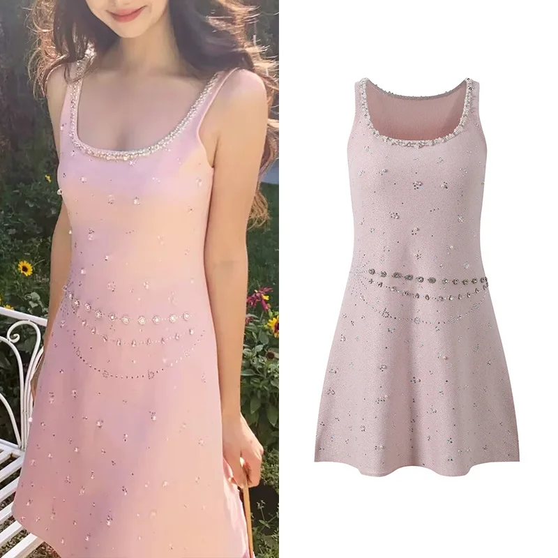 Summer 2025 New Sle Small Fraance Sle Heavy Bead ort Knitted Tube Top Dr Pink No Brand Gentle Sle Vest Dr