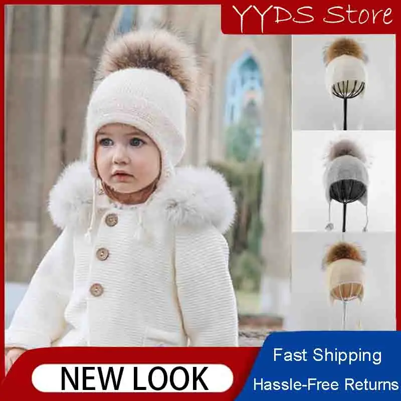 Children\'s Mink Velvet Hat Removable Hair Ball Braid Knitted Hat 6 Months-5 Years Old Baby Winter Earmuff Head Cap