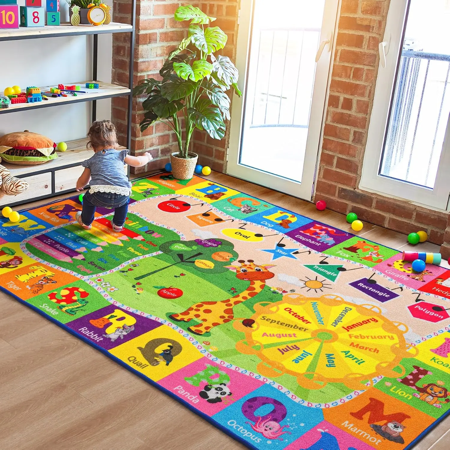 Educational ABC Kids Play Rug, Fun Learning Carpet with Animals, Washable Non-Slip Mat for Playroom Bedroom Nursery