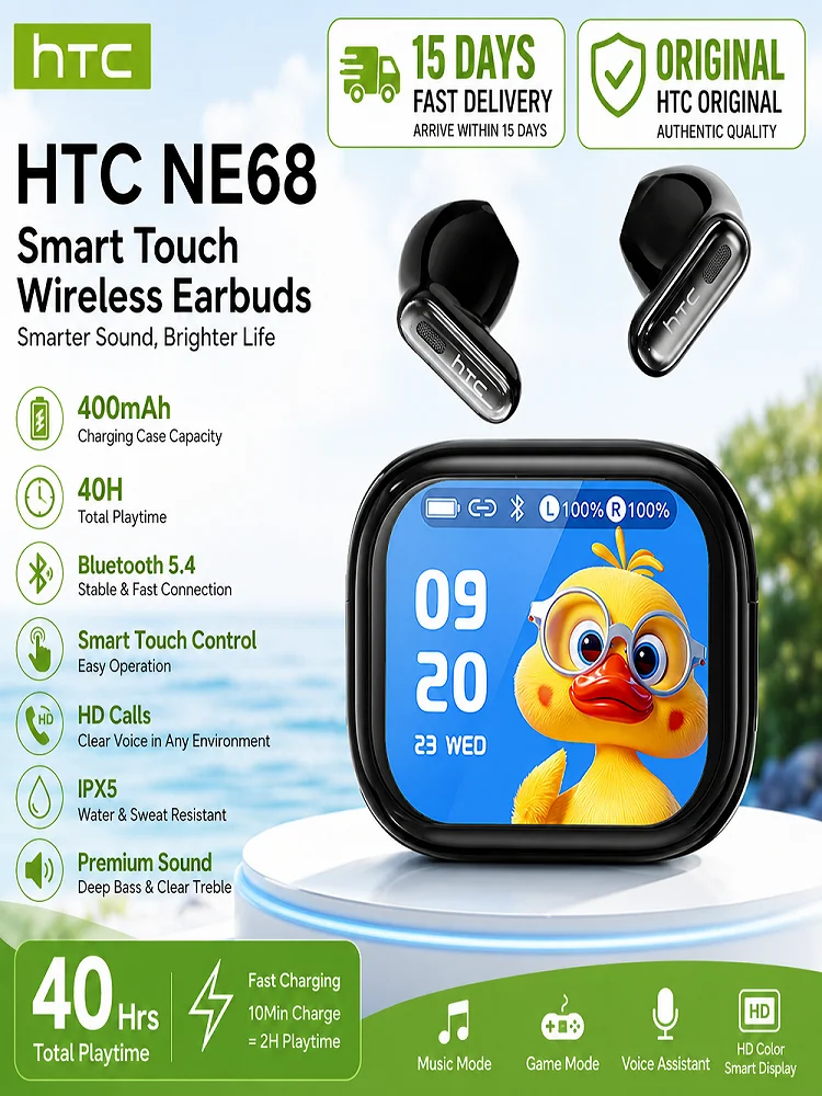 Original HTC NE68 TWS kabellose Ohrhörer, Bluetooth 6.0, KI-Übersetzer-Ohrhörer, Vollfarb-Touchscreen, ENC-Rauschunterdrückung, HiFi-Stereo-Bass, geringe Latenz, Gaming-Kopfhörer, 40 Stunden