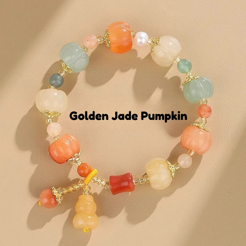 Lucky Multi-gem Bracelet, Natural Golden Silk Jade Pumpkin Beads, Bodhi Mixed Chain, Fine Jewelry for Couples & Students