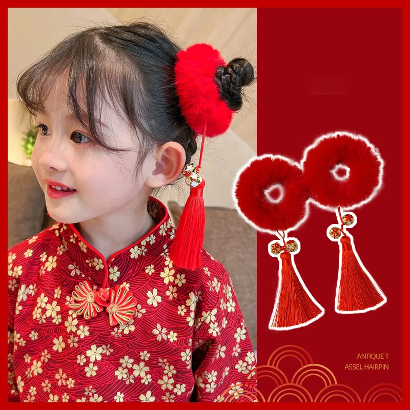 Kinderen Rode Strik Haarspeld Haartouw Eenvoudige Pluche Hanfu Haarstokjes Meisjes Hoofddeksels Chinese Feestelijke Haar Hoepel Haaraccessoires