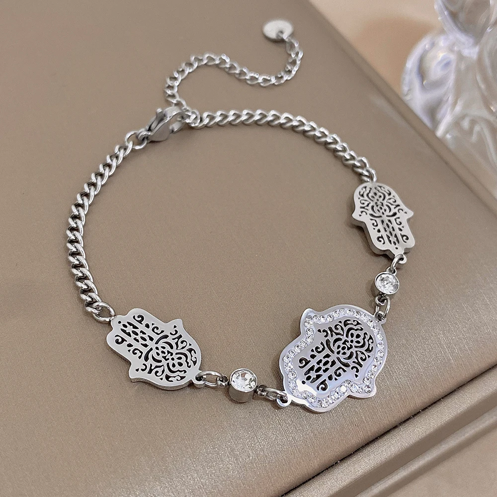 Flashbuy Stainless Steel Vintage Hand of Fatima Turkish Charm Bracelet for Women Statement Gold Color Bracelets Fashion Jewelry