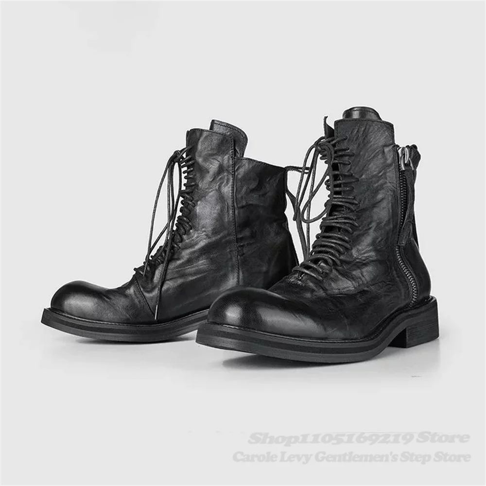 Black Thick Soled High Top Boots Men Retro Round Toe Soft Leather Thick Sole Lace Up Handmade Luxury Winter New Ankle Boot