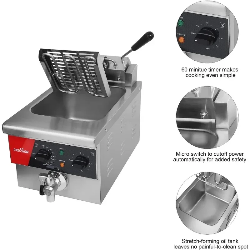 CROSSON 6L Electric Countertop Deep Fryer Extra Large with Drain,Timer,Basket and Lid for Restaurant Use 120V