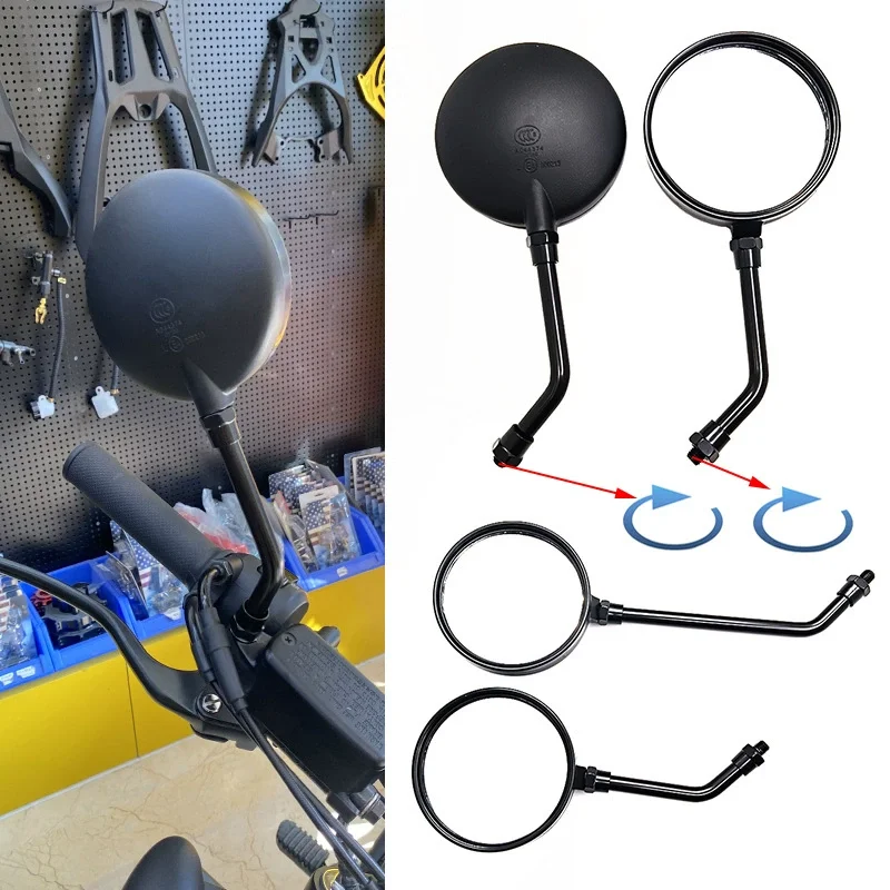10 mm Universal-Motorradspiegel – rundes konvexes Glas, kurze und lange Vorbauten, Schwarz/Chrom für Cafe Racer, Cruiser, Roller