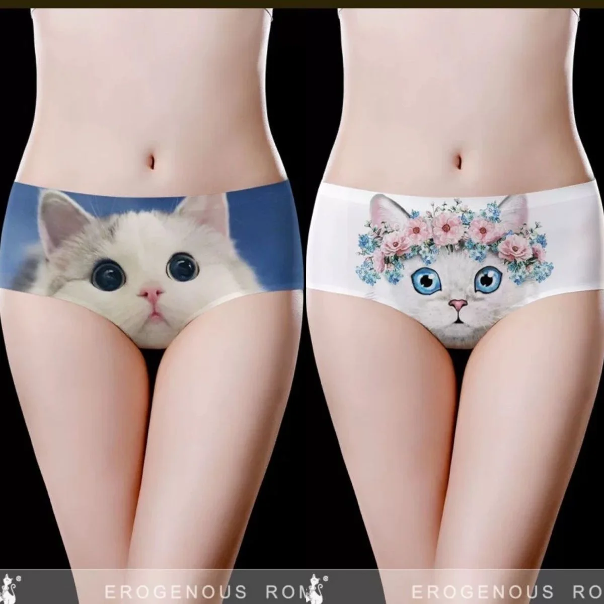 Ice Silk Cat Seamless Panties Summer Women\'s Underwear Cartoon Printed Underpanties Half Boxer Lingerie Mid-Waist Briefs