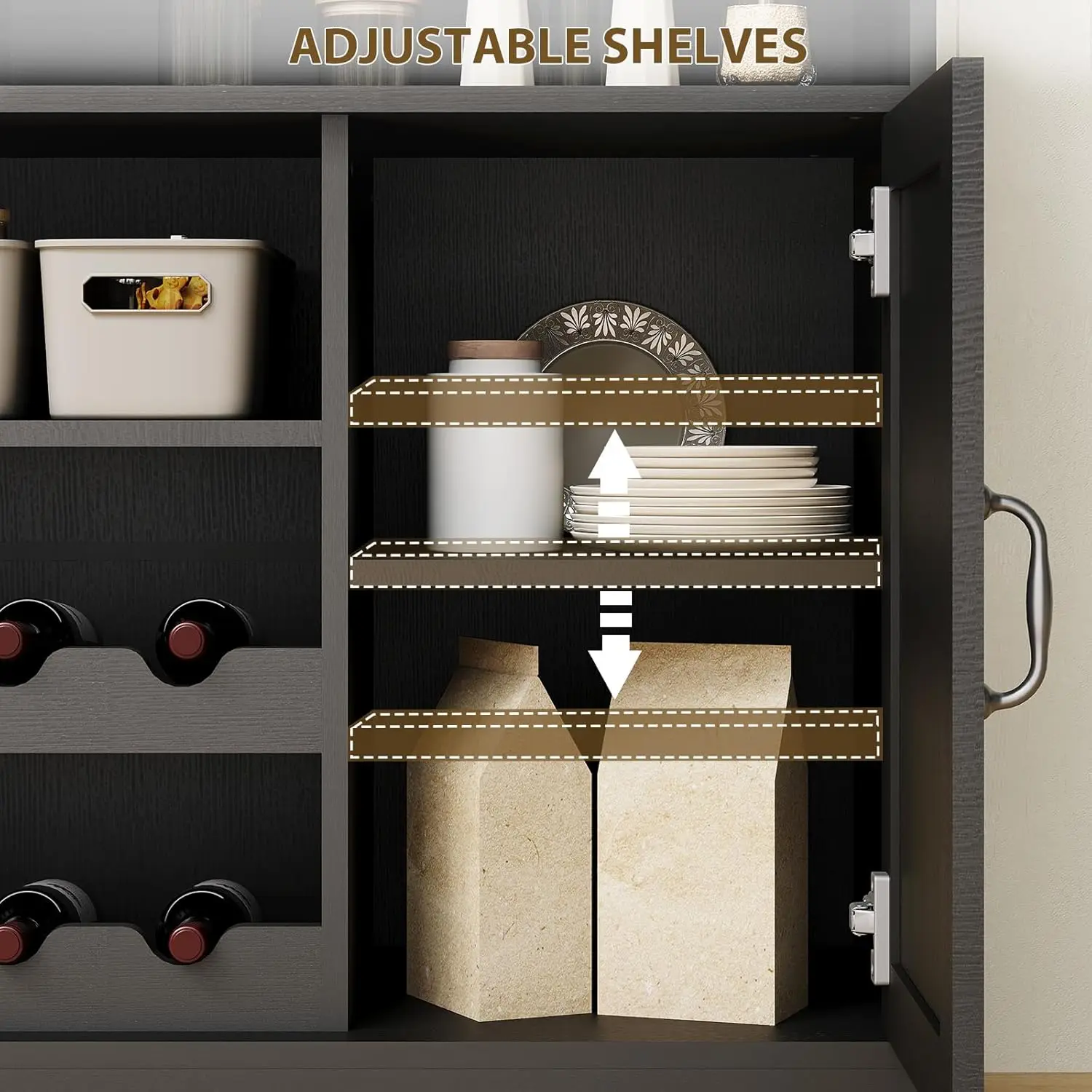 Armário de Café Estilo Fazenda de 47 polegadas com 5 Ganchos, Armário Buffet com Tomadas, Suporte para Taças, Personalizado