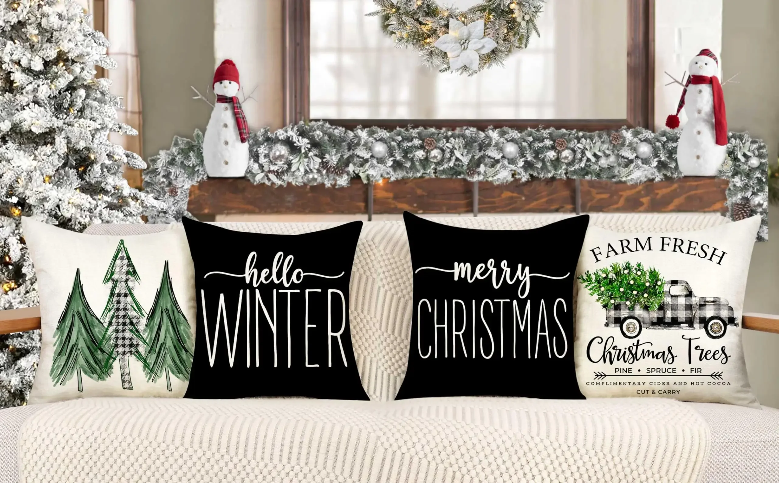 Christmas Pillow Covers Set of 4 Farmhouse Xmas Decorations Merry Christmas Tree Truck Hello Winter Holiday Decor Throw Case