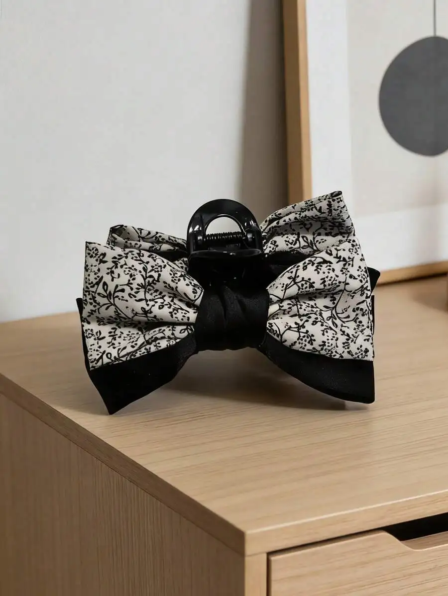 

French Retro Black White Floral Bow Hair Clip Elegant Hair Accessory For Bun Ponytail Casual Date