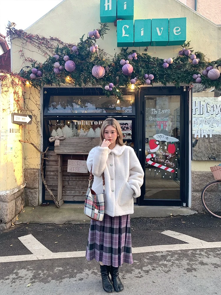 

Retro Plaid Pleated Loose A-Line Midi Skirt Women's Winter Casual High Waist Polyester Fiber Blend Skirt by JC Vintage op