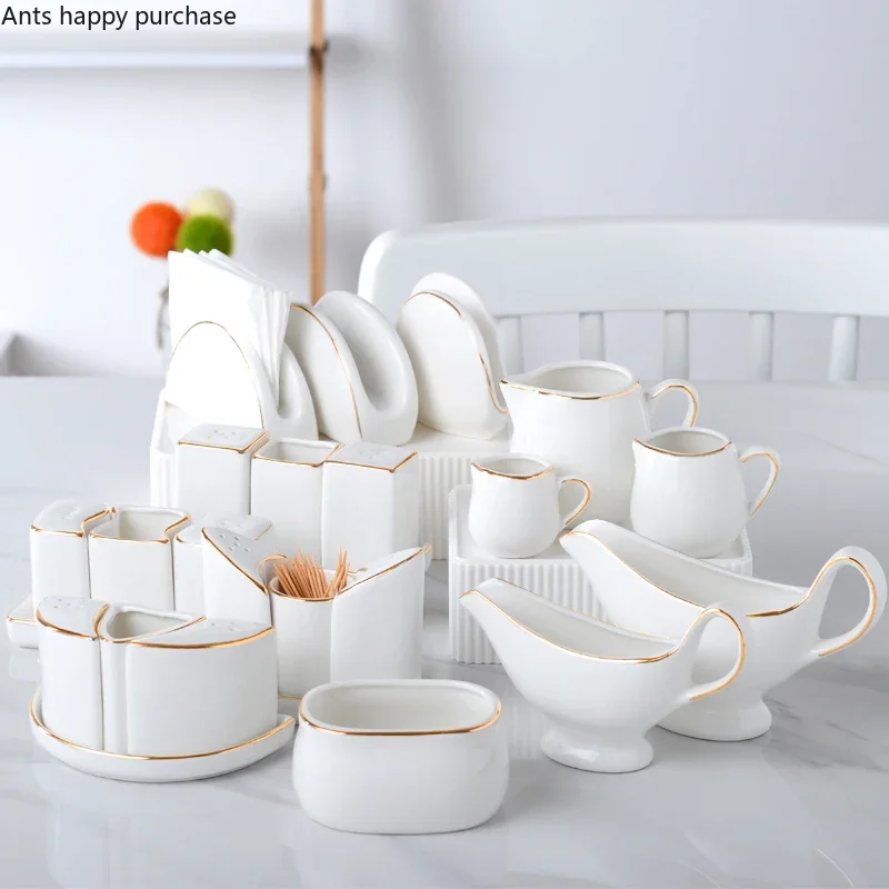 Hotel Tissue Holder White Phnom Penh Seasoning Pot Ceramics Spice Jar Seasoning Box Set Combination Oil Vinegar Pot Sugar Bowl