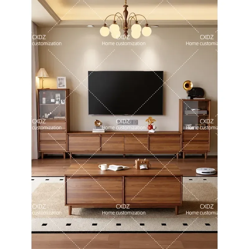 Solid Wood TV Cabinet Antique Style Living Room Furniture Small Apartment Coffee Table Combo Floor Storage Unit Media Console