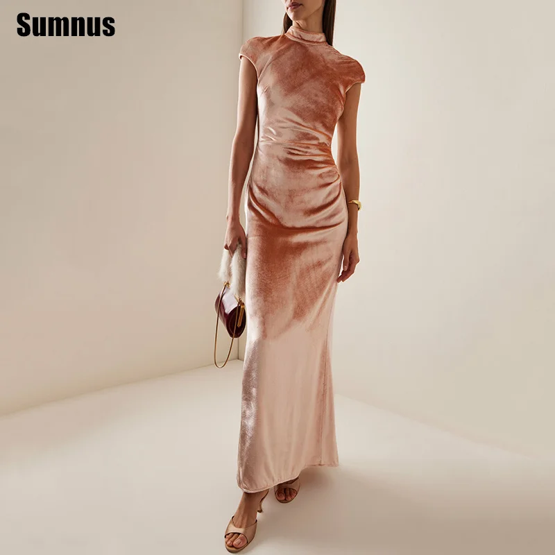 

Sumnus Простые платья для выпускного вечера с русалкой, бархатное вечернее платье до щиколотки с высоким воротом == минимум