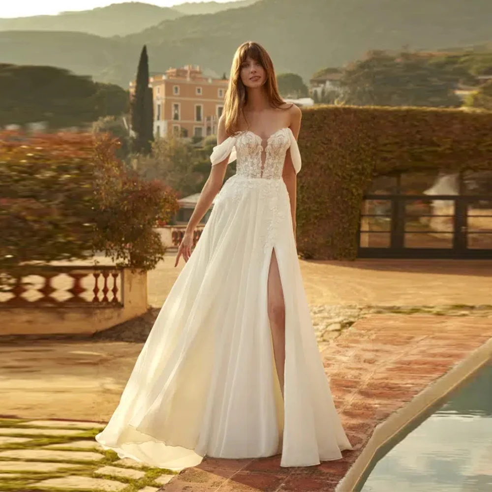 Romantic Lace-Embellished Sweetheart Off-Shoulder Neckline Bridal Dress Lace Applique High Slit Vestido De Novia Customized