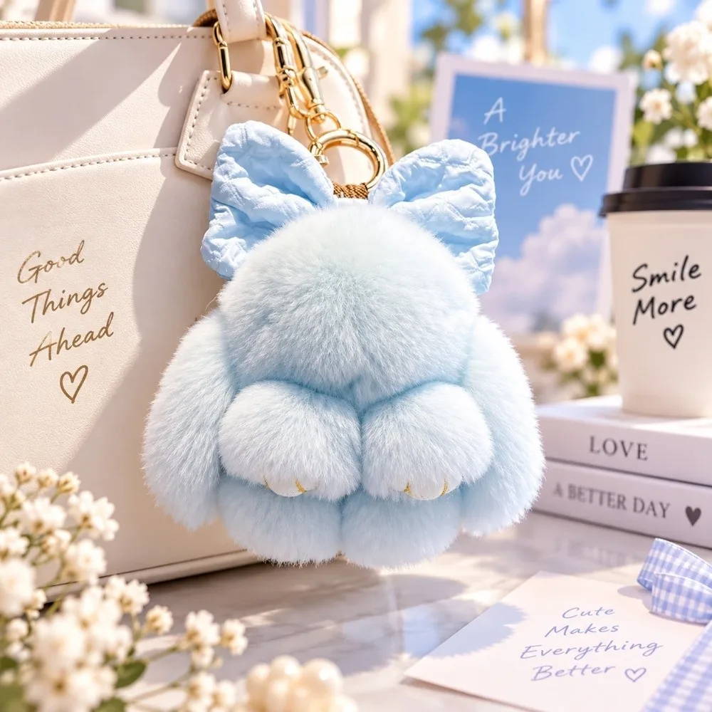 Weicher, flauschiger Kunstfell-Kaninchenfell-Schlüsselanhänger, hängende Ornamente, Pompon-Plüsch-Kaninchen-Schlüsselanhänger, Plüschpuppen, Kawaii-Häschen-Anhänger für Damen – Detail 12