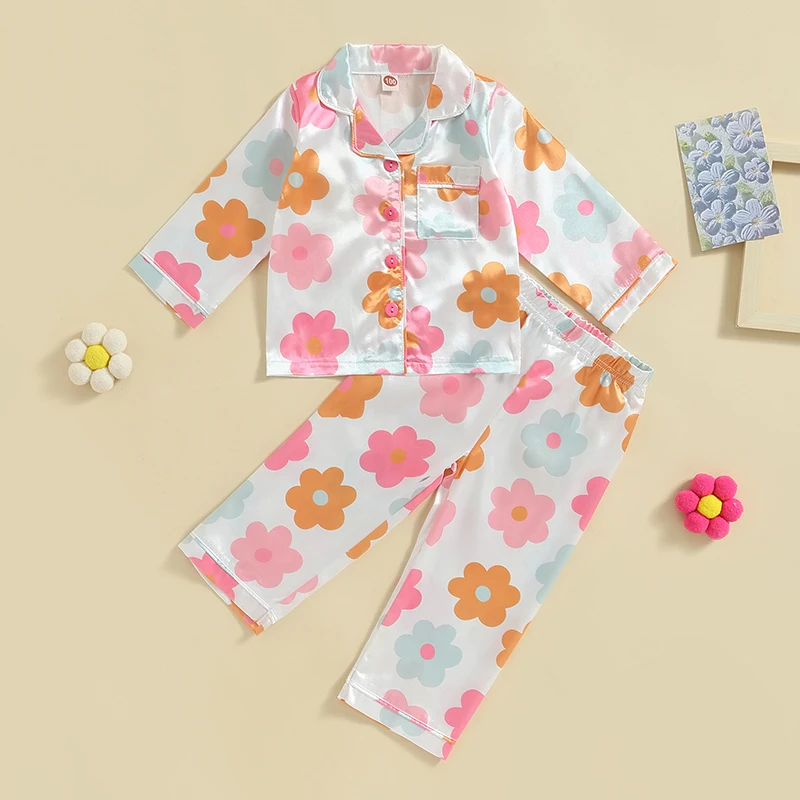 Girls Spring Pajama Set Floral Print Long Sleeve Lapel Button-Up Top Elastic Waist Pants Sleepwear Ensemble for Toddlers