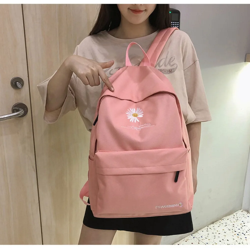 Fashion Canvas School Backpack Daisy Large Capacity Schoolbag Portable Embroidery Travel Bag Teenagers