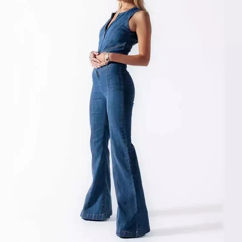 

Fashion Denim Jumpsuit Women's Sexy New Tank Slim Sleeveless High Waist Hollow Zipper Backless Love Jumpsuits Streetwear Women
