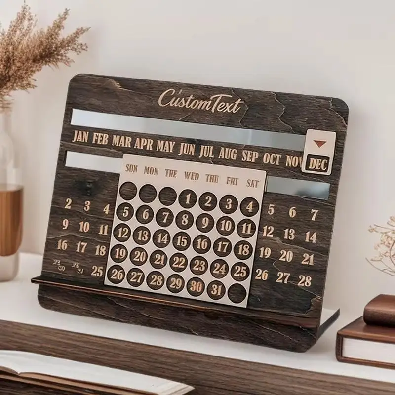 Wooden Perpetual Calendar With Monthly Chart And Year-Round Display - Desk Calendar Suitable For Office Planning And Decoration