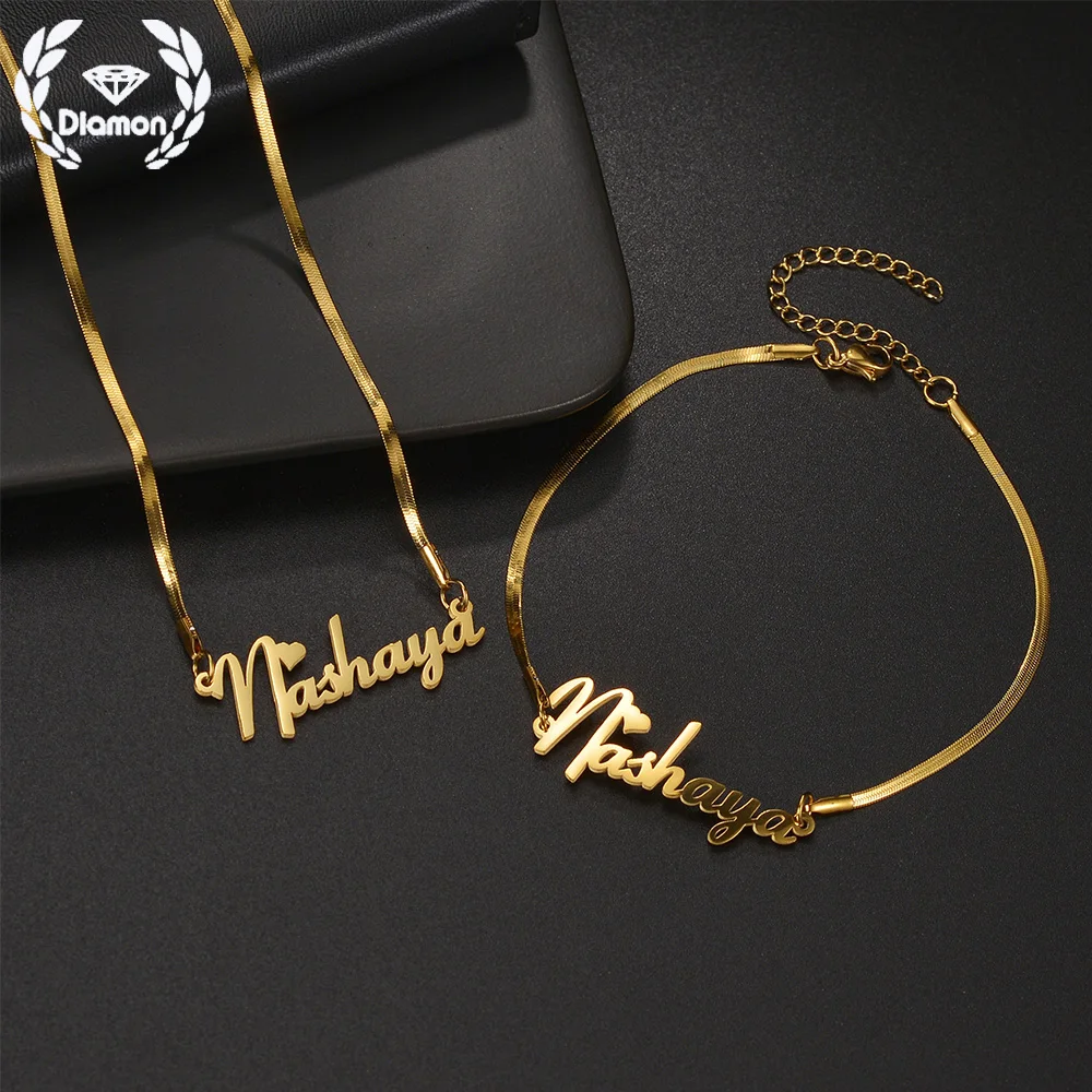 

Персонализированное имя с бриллиантом и сердцем, комплект ювелирных изделий, цепочка с лезвием, ожерелье на заказ, браслет из нержавеющей стали, цириллический латинский сценарий, подарок