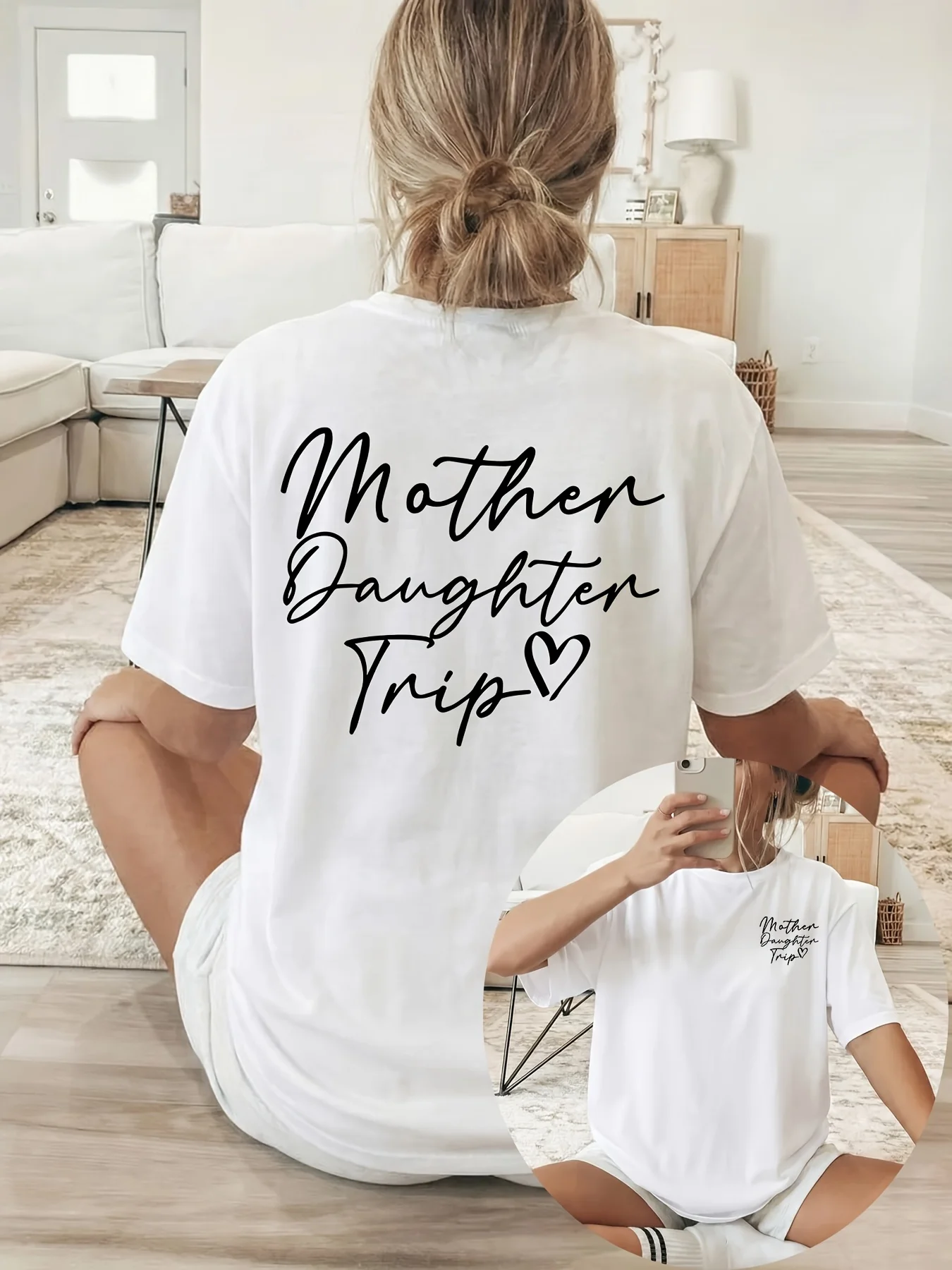 Round-Neck Casual Features A Black Handwritten 'Mother Daughter Trip' Text Along with A Heart Pattern Making It Suitable Women