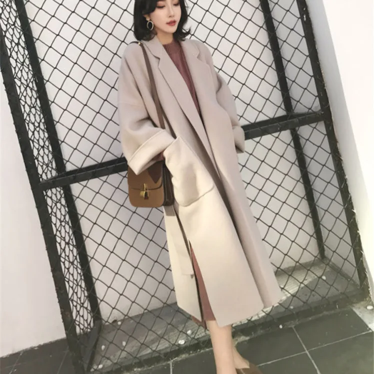 

Women's Autumn Winter Woolen Coat Loose Tailored Collar School Sle Jaet Belted Midi Length Street Sle Pure Color Cotton...
