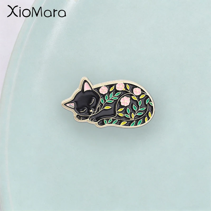 Niedliche Emaille-Anstecknadel mit Blumenblatt-Katze, farbenfrohes Blumenzweig-Muster Tier-Abzeichen, modisches Accessoire, bestes Geschenk für Freunde