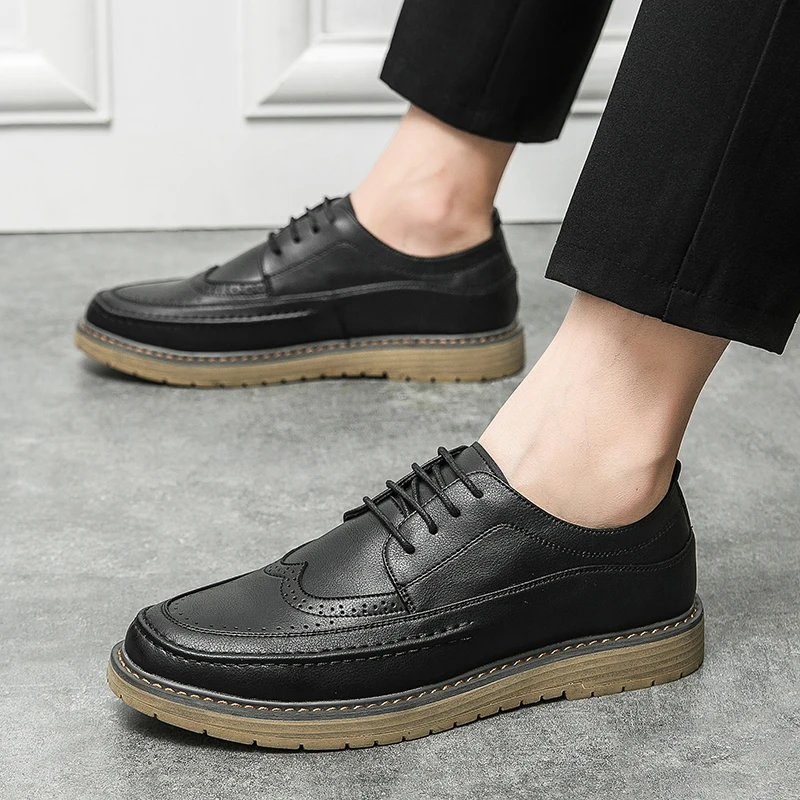 

Кожаные мужские туфли на шнуровке, молодежная корейская версия, новинка 2024, дышащие повседневные кожаные туфли Brock с круглой головкой