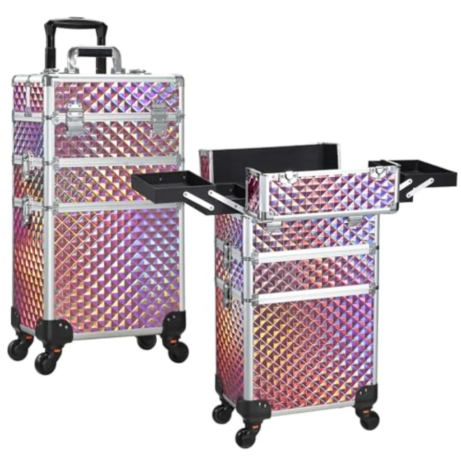 

3 in 1 Rolling Makeup Train Case Portable Cosmetic Trolley Large Storage for Professional with 360 Swivel Wheels Salon Barber C