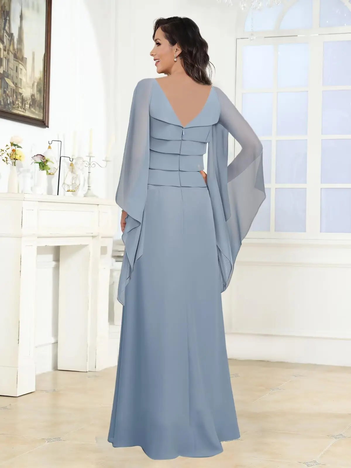 فساتين أم العروس بأكمام طويلة لحفلات الزفاف الرسمية ذات الكشكشة الطويلة للنساء فستان سهرة أنيق #2