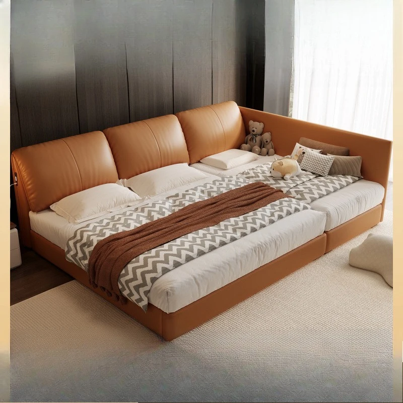 Parent-child bed family of three master bedroom splicing three widened elephant ears soft bag leather mother bed