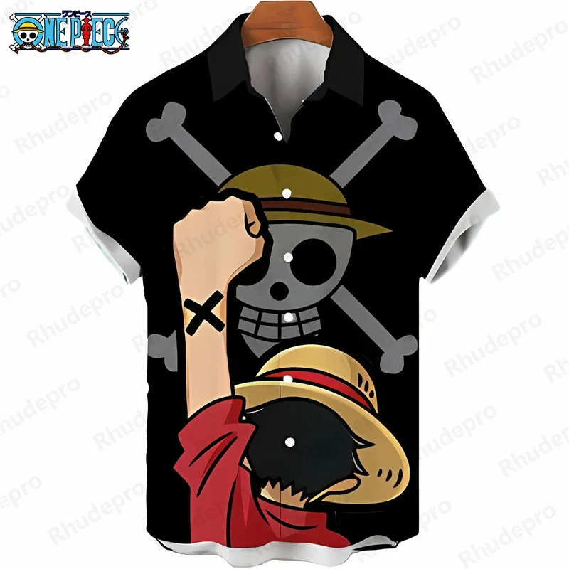 Summer Men's One Piece Hawaiian Shirt Straw Hat Crew Print Anime Kids Short Sleeve Casual Loose Tropical Beach Shirt Tops