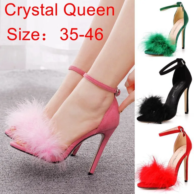 

Woman Furry High Heels Pumps Buckle Platform Heels Sandals with Fur Women Square Heel Ankle Strap Open Rubber Party 2021