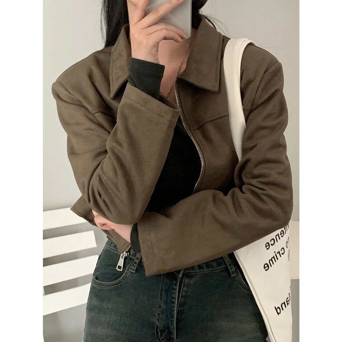 Stylish Autumn Vintage Stand Collar Zipper Loose Versatile Long Sleeve Leather Velvet Short Jacket Women's Outerwear Coat