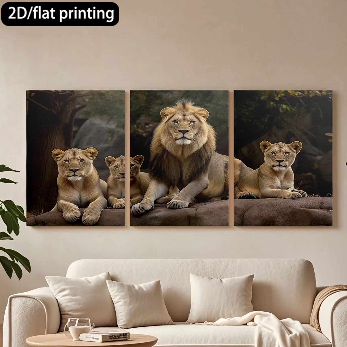 

2D плоская печать, набор из 3-х картин на холсте в деревянных рамах: Декоративная картина «Лев с семьей, скала, гордость». Украшение для коридора и спальни.