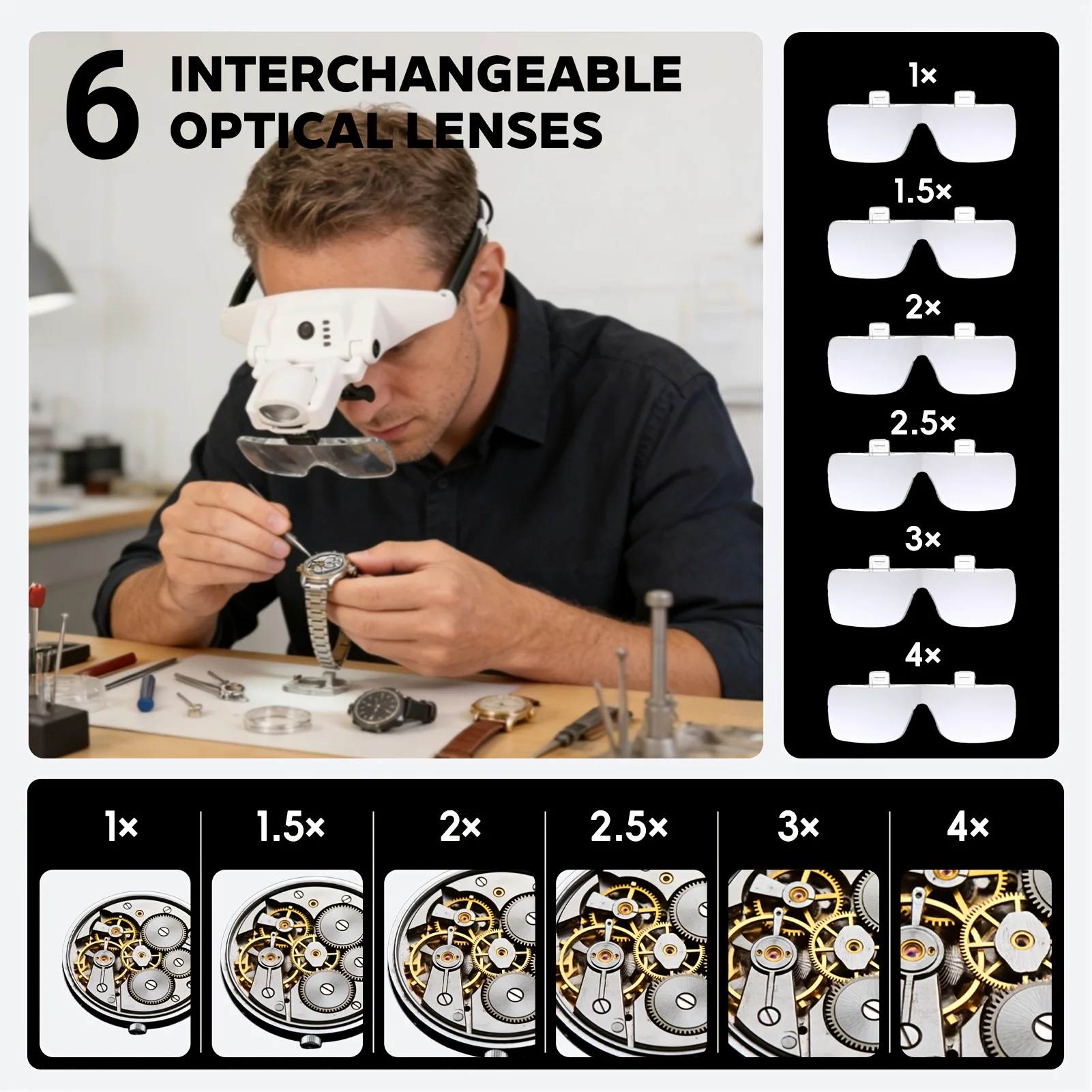 Head-mounted LED Magnifying Glass, 1x-4x Magnification, 6 Interchangeable Magnifying Lenses, Three-color Light Source, Suitable For Reading, Watch Repair, Crafts, Engraving, And Embroidery
