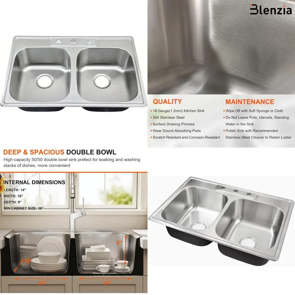 

Commercial Grade 33 50/50 Double Bowl Topmount Stainless Steel Kitchen Sink with Satin Finish