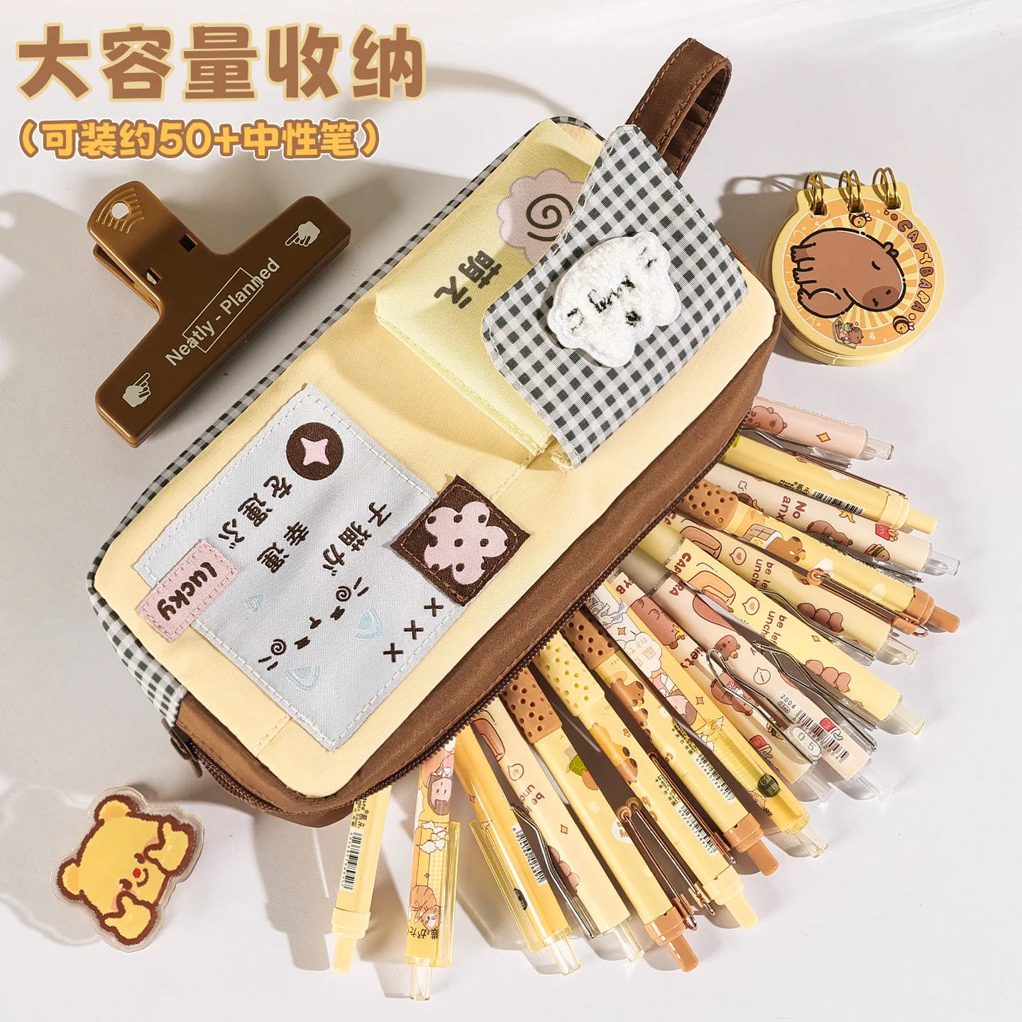 Retro Splicing Pencil Case Plush Kitty Patch Pencil Pouch Grid Front Pocket Stationery Organizer for Girls Teen School Supplies