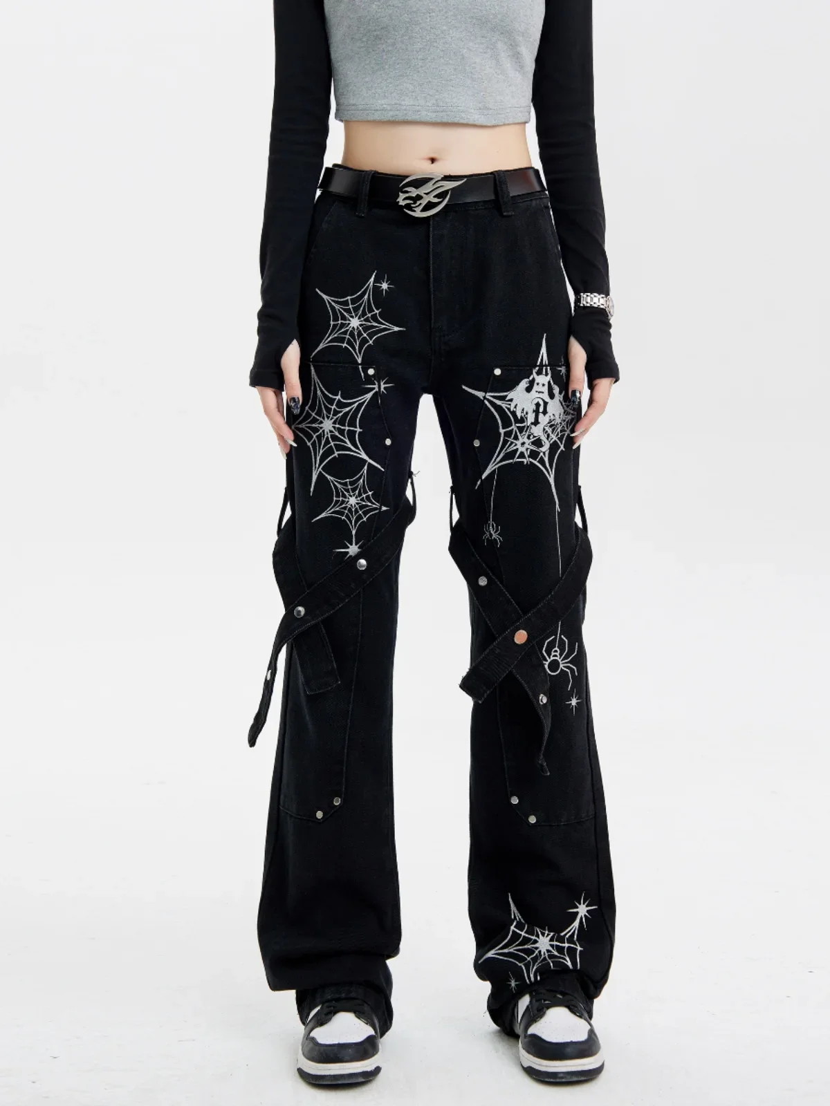 Gothic Spider Web Print Denim Pants Slim High Waist Straight Leg Pants Men and Women Y2k Hip Hop Mopping Pants Jeans Streetwear