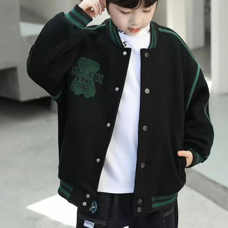 Boys' Fleece Lined Hooded Baseball Jacket 2025 Spring Fall Korean Style Hot Sale Youth Fashion Warm Coat for Boys